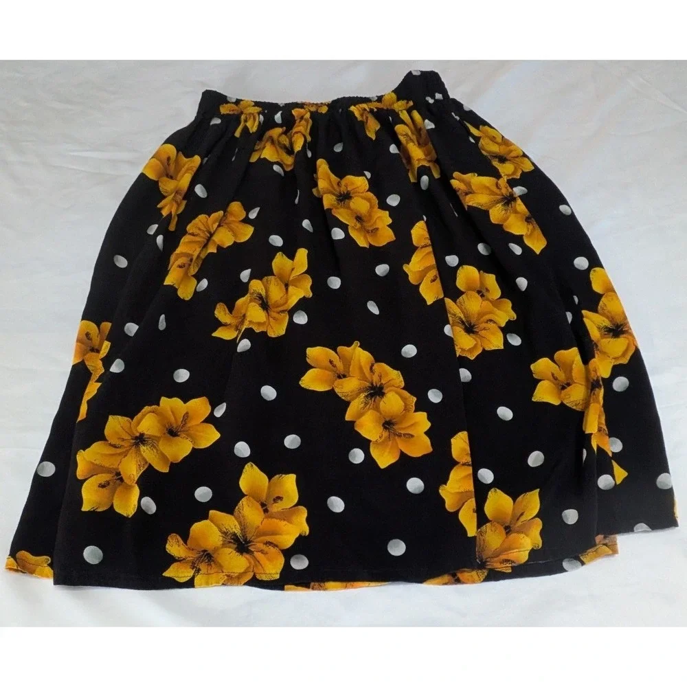 Vintage 2 Piece Skirt‎ Set Womens 12 Black Yellow Floral Polka Dot Rayon 90s